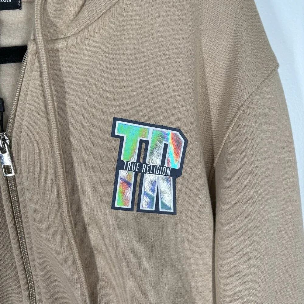 True Religion Men M Travertine Tan Fleece Y2K 90s Iridescent Logo Zip Hoodie NWT